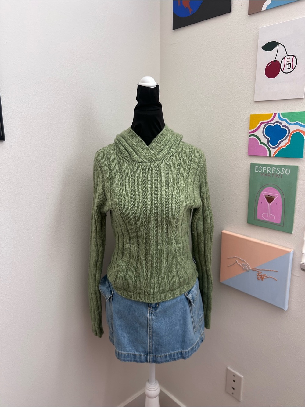 Abercrombie & Fitch Merino Wool Green Hooded Sweater – Chunky Ribbed Knit Y2K